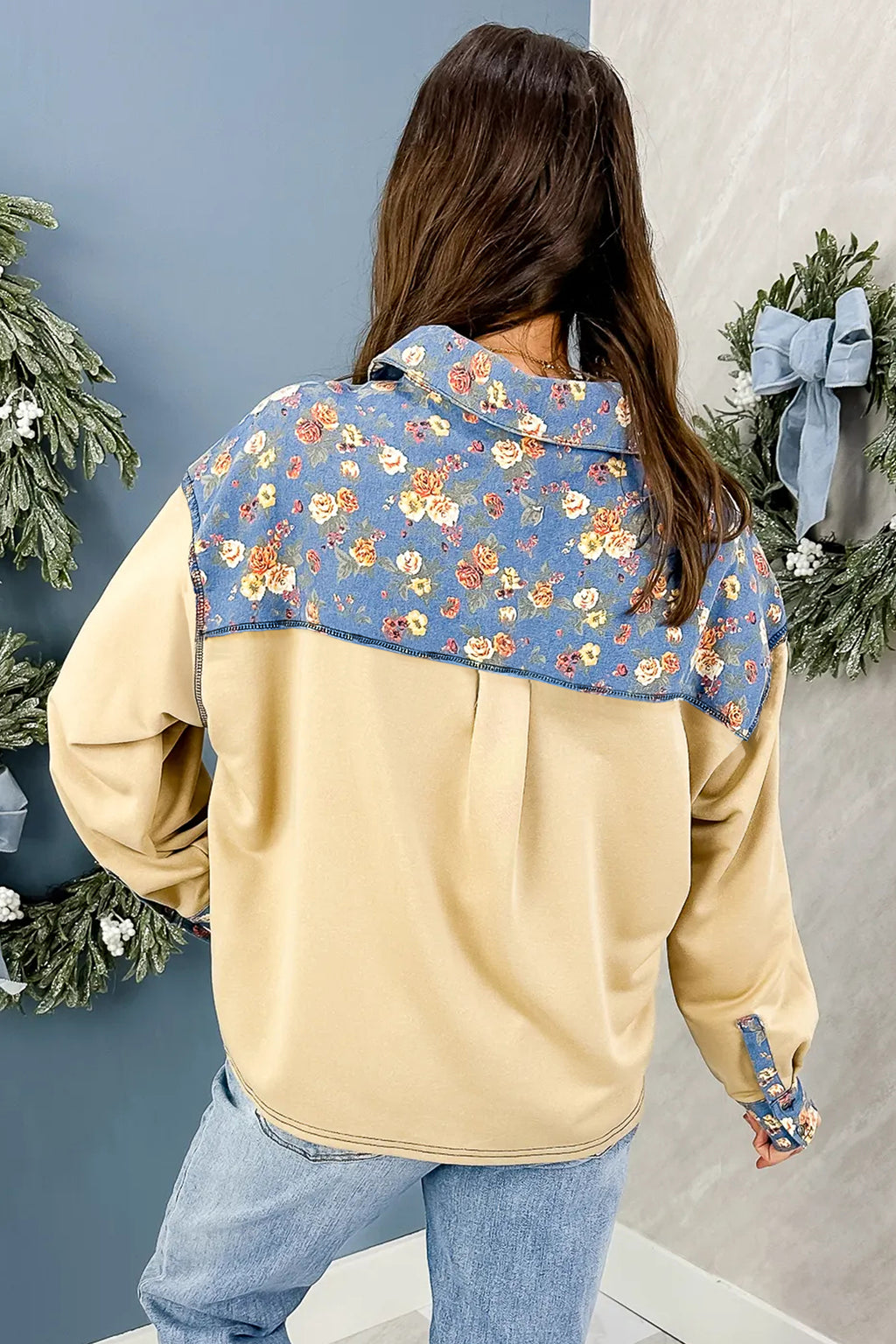 Floral Denim Patchwork Collar Long Sleeve Pullover Top