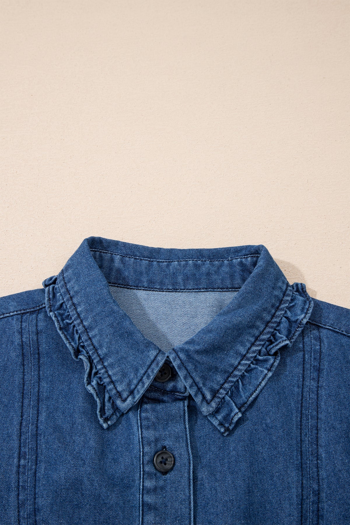 Ruffled Edge Collared Shift Denim Dress with Pockets