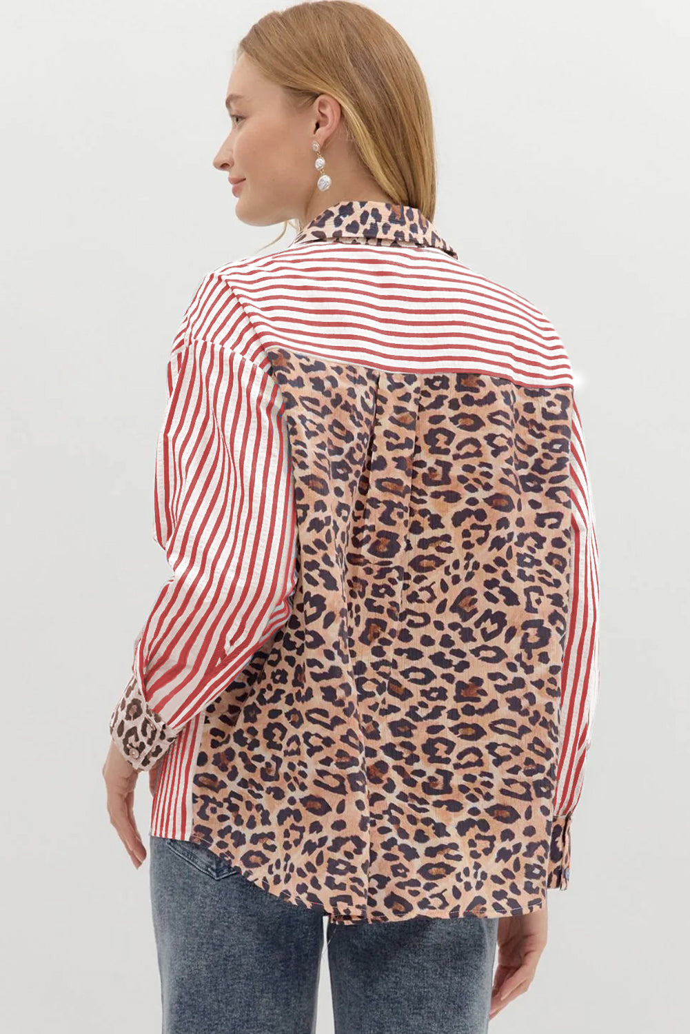 Leopard Print Patchwork Button Up Womens Shirt