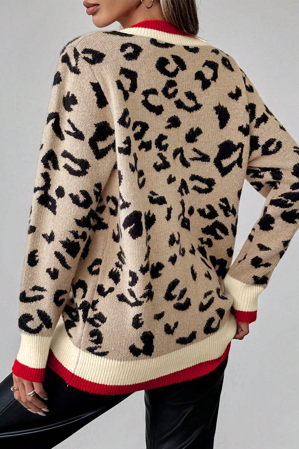 Khaki Leopard V-Neck Contrast Rib Knitted Sweater