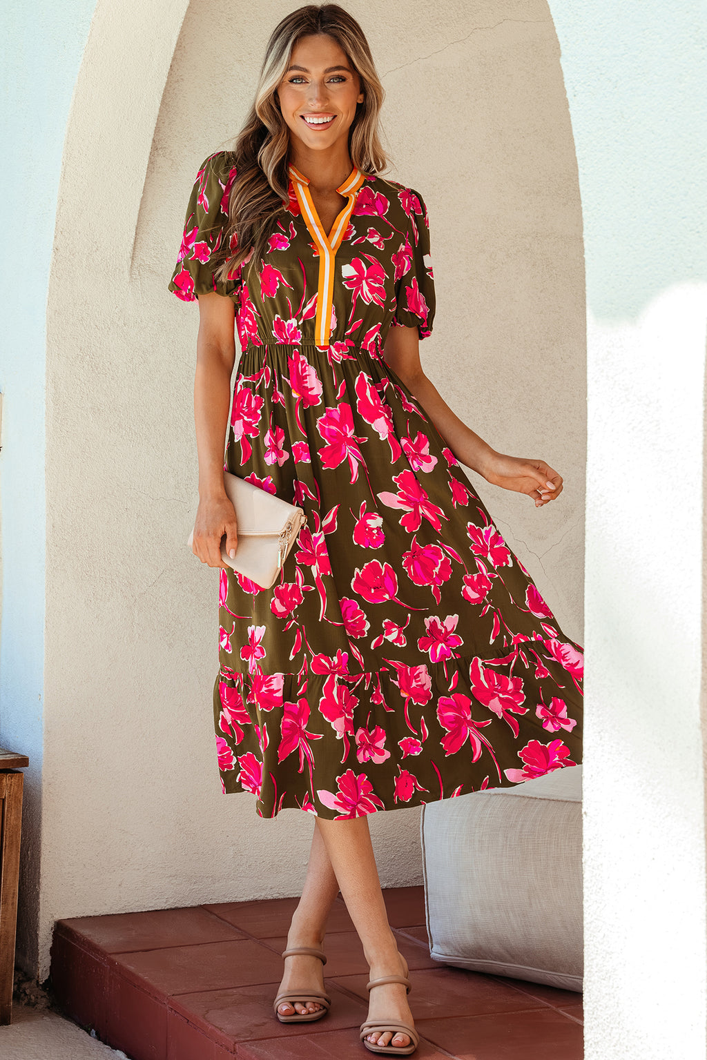 Floral Print Striped Ruffle Hem Maxi Dress