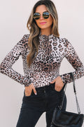 Brown Leopard Smocked Neck Mesh Bodysuit