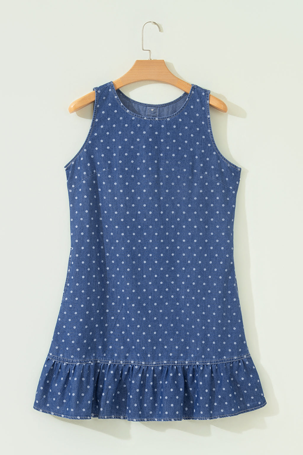 Blue Polka Dot Ruffle Hem Sleeveless Denim Dress