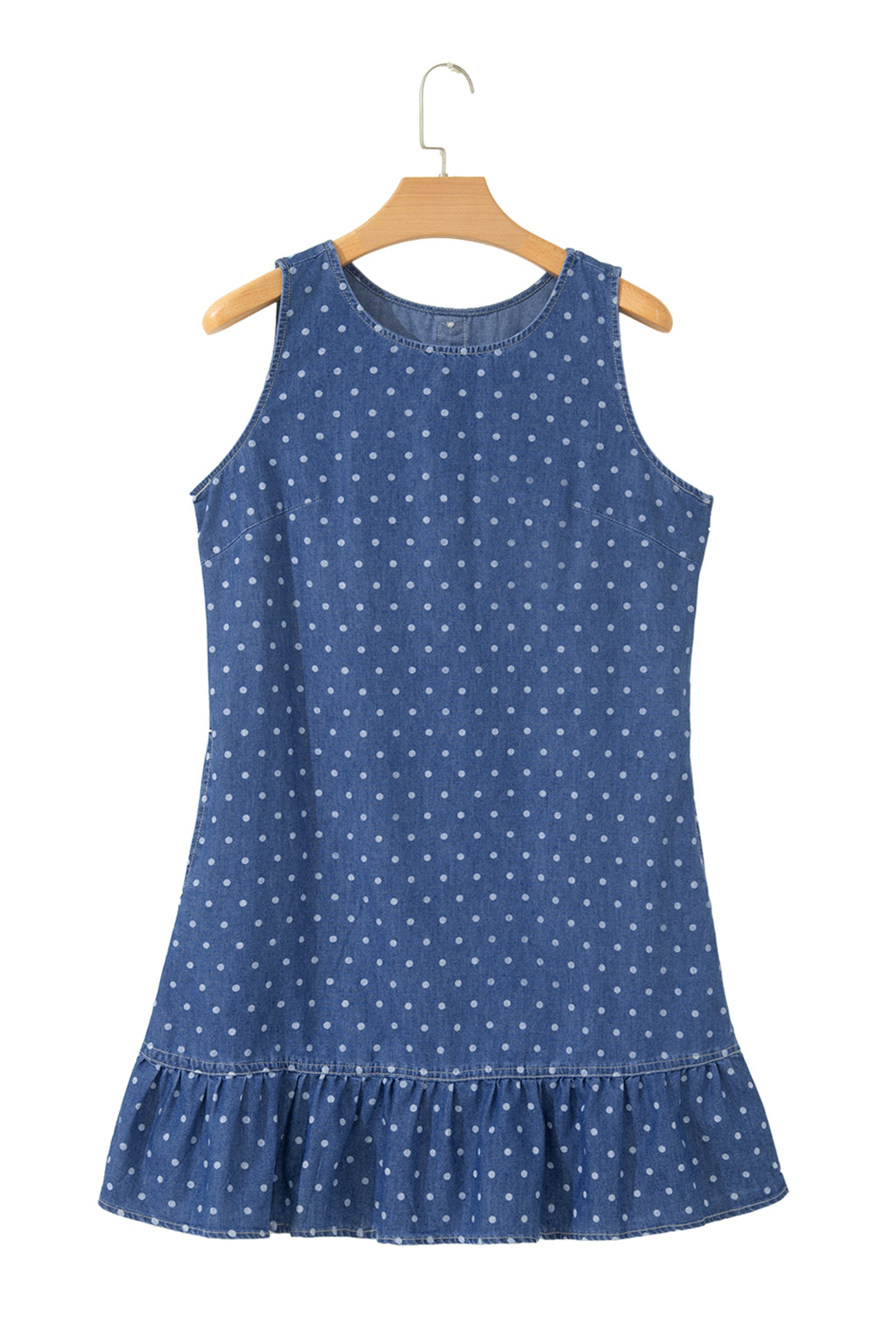 Blue Polka Dot Ruffle Hem Sleeveless Denim Dress