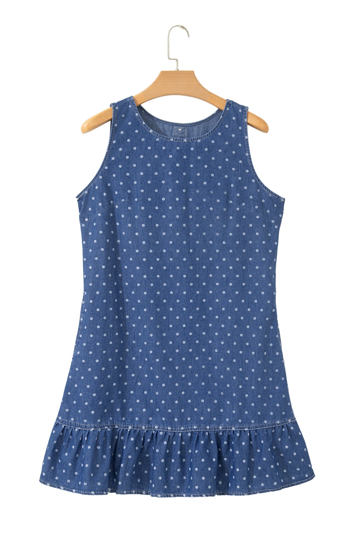 Blue Polka Dot Ruffle Hem Sleeveless Denim Dress