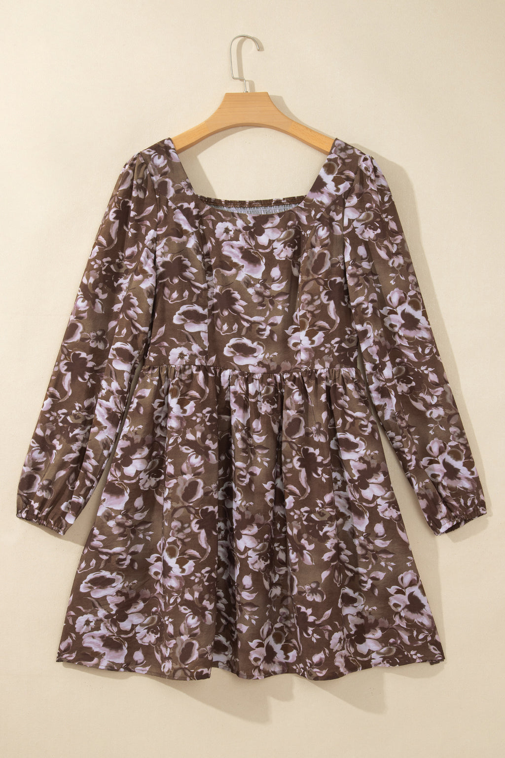 Brown Floral Print Square Neck Dress