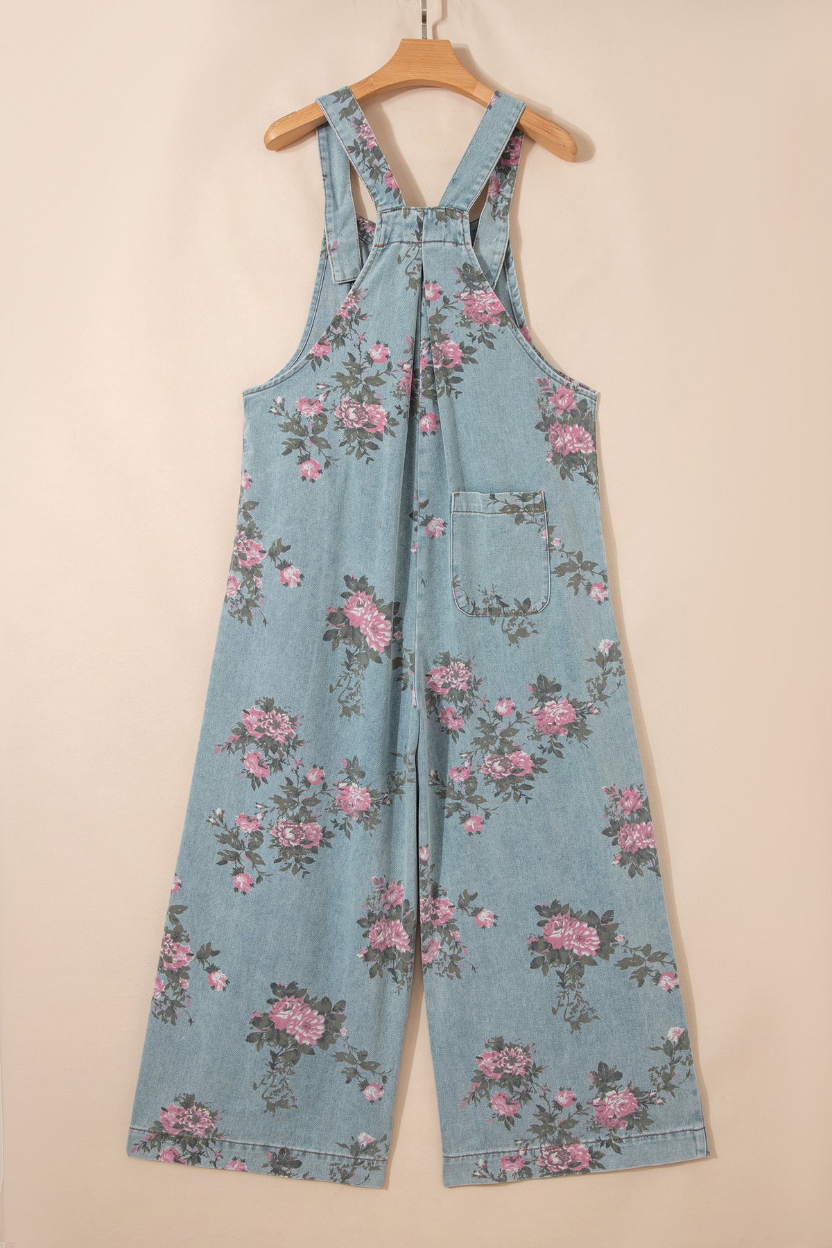 Floral Print Pleated Wide Leg Denim Jumpsuit