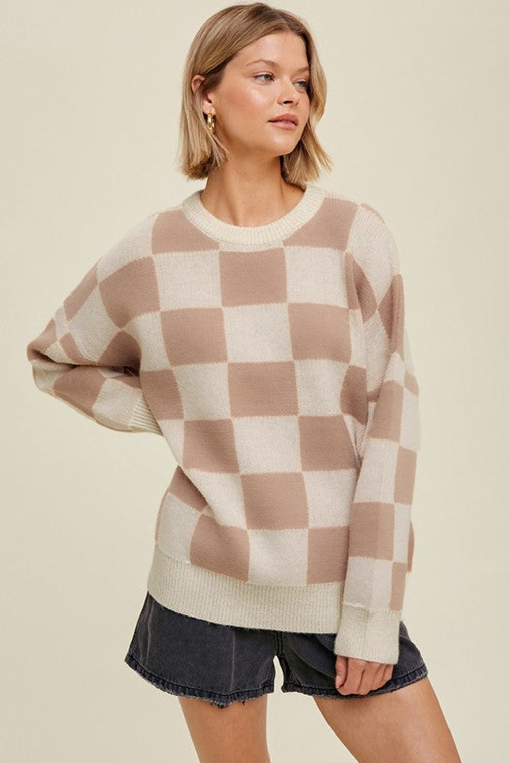 Checkered Pattern Ribbed Trim Knit Baggy Sweater