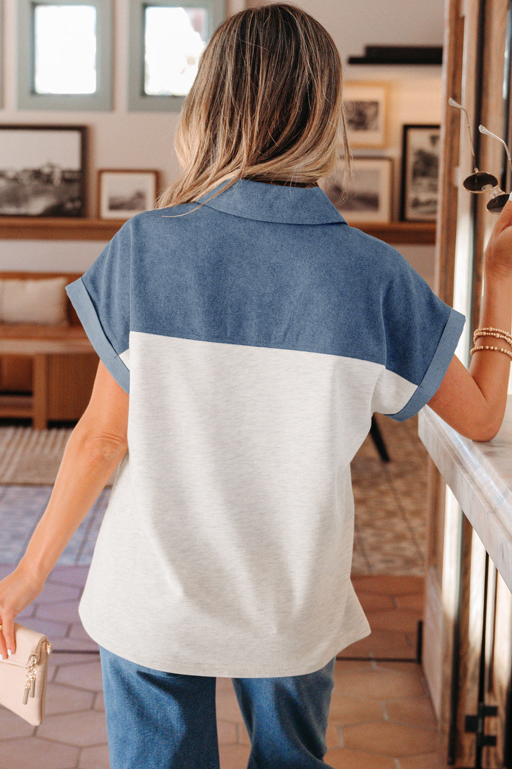 Denim Polo Collar Short Sleeve Top