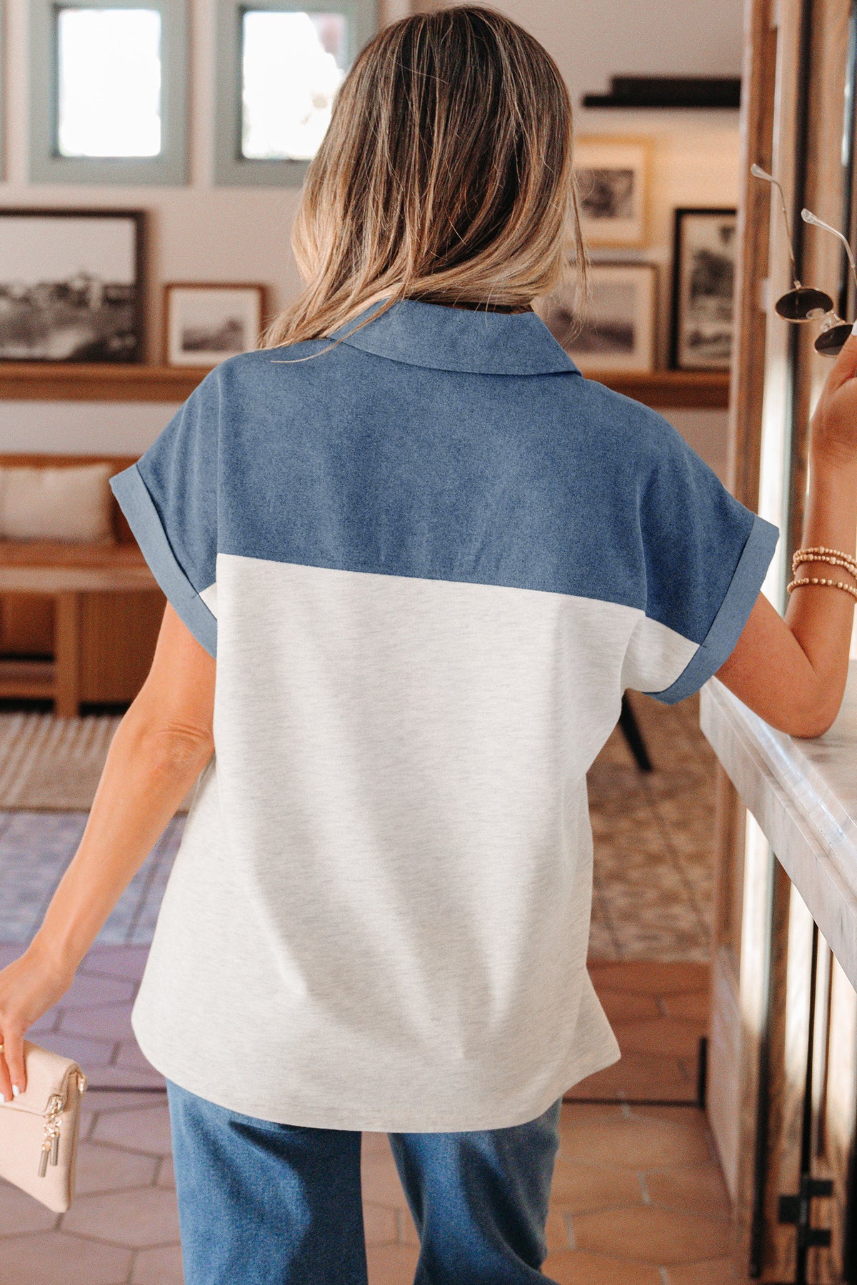 Denim Polo Collar Short Sleeve Top