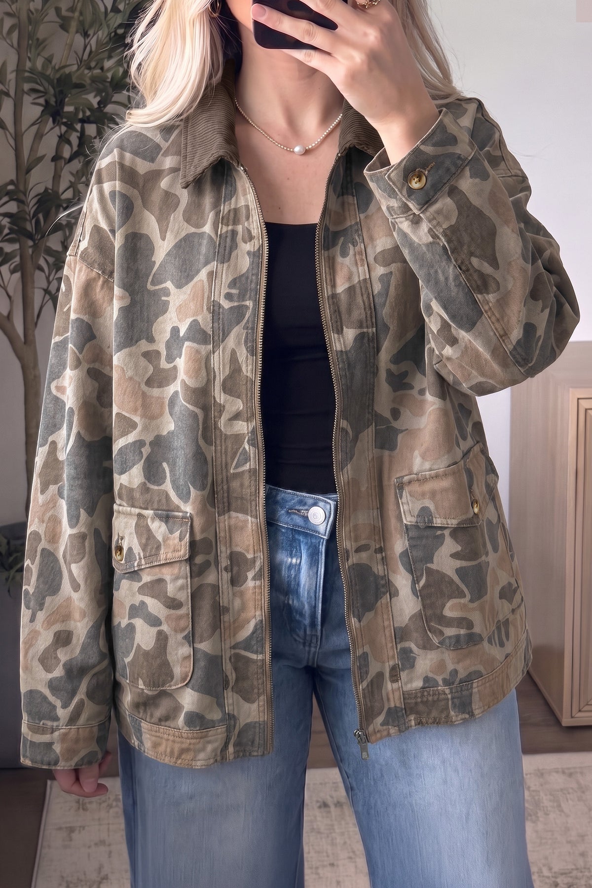 Camouflage Print Corduroy Denim Jacket