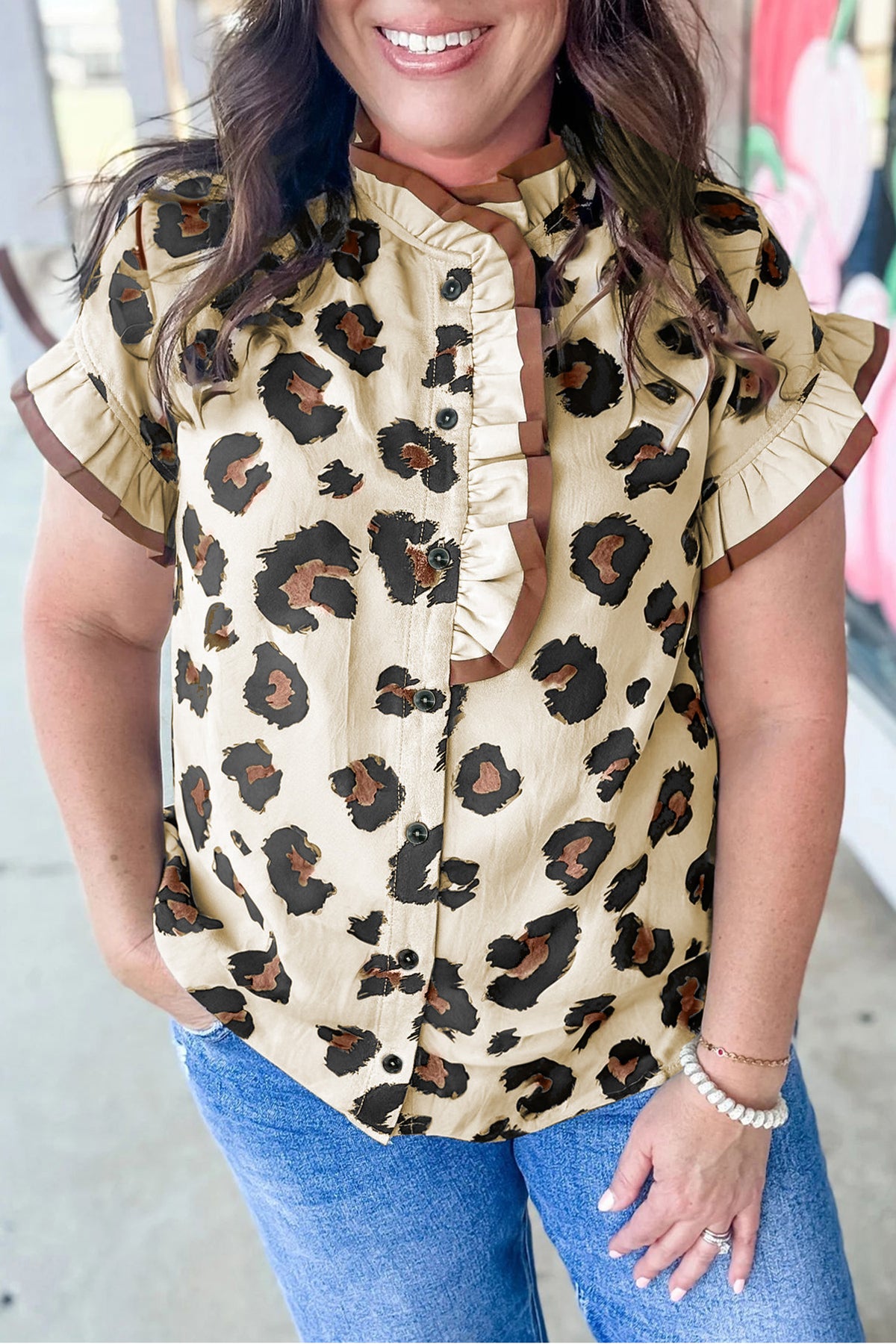Khaki Plus Size Leopard Print Blouse