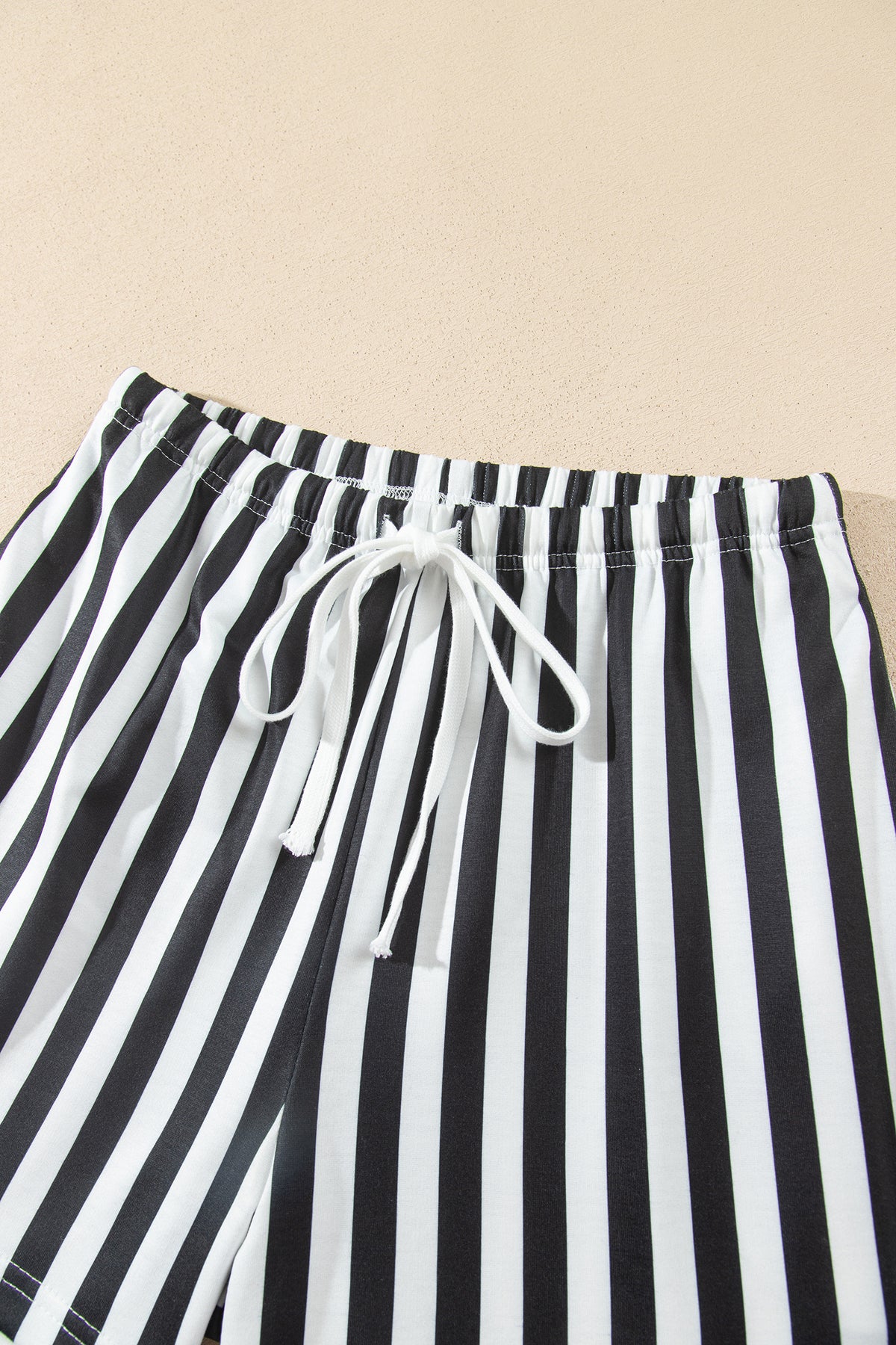 Smoke Green Striped Color Block Pullover Top Drawstring Shorts Set