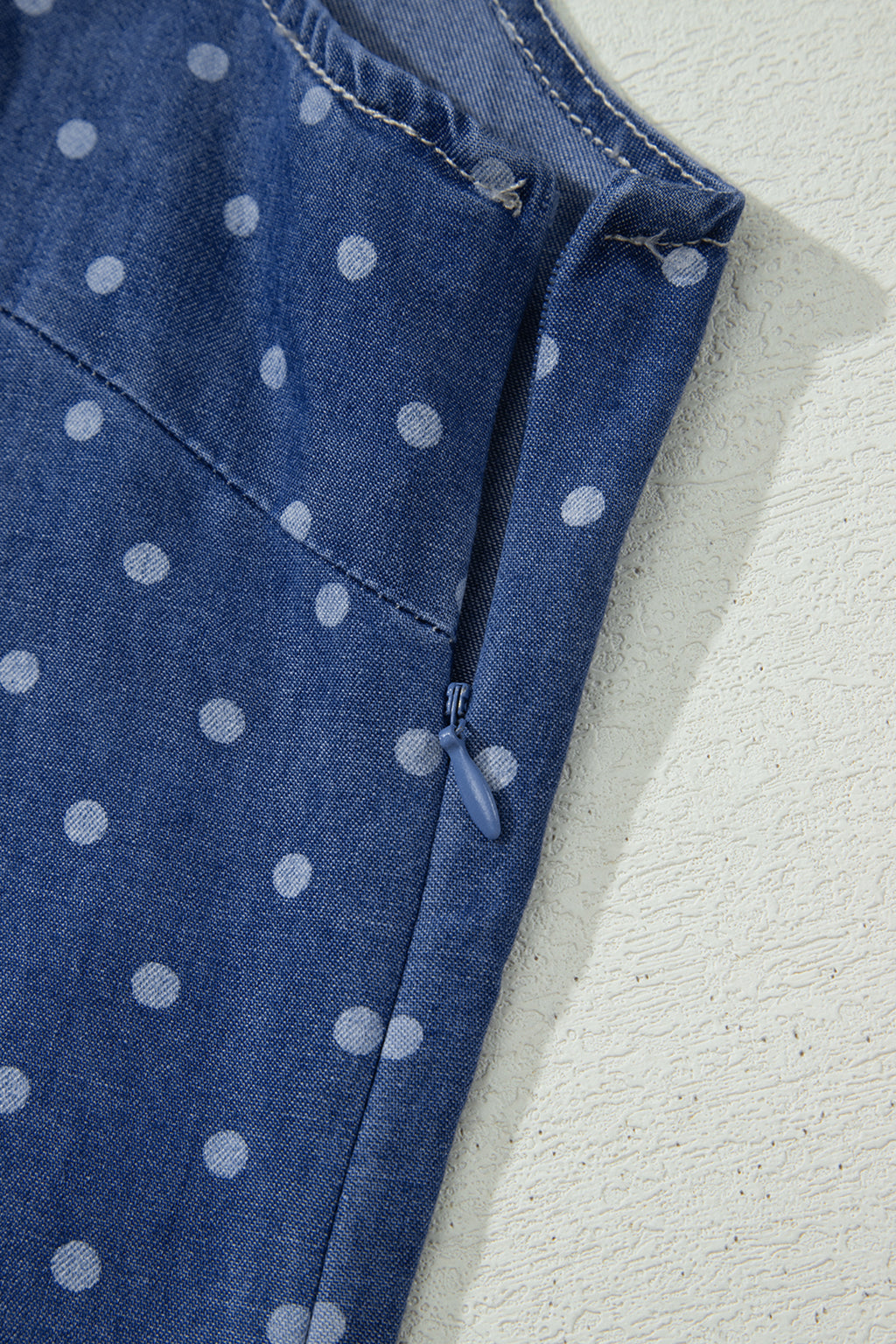 Blue Polka Dot Ruffle Hem Sleeveless Denim Dress