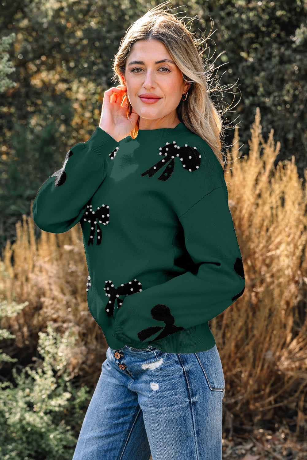 Pink Pearl Embellished Bow Pattern Sweater