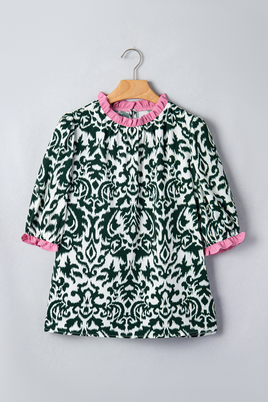 Green Damask Print Ruffled Blouse