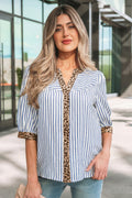 Blue Stripe Leopard Button Down Half Sleeve Shirt