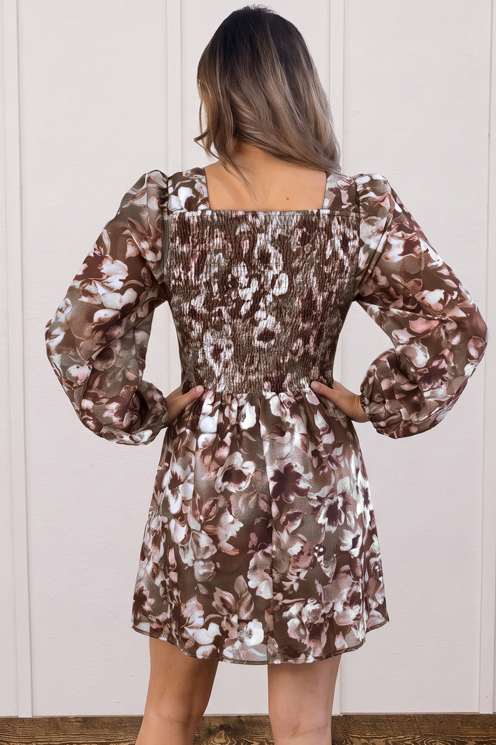 Brown Floral Print Square Neck Dress