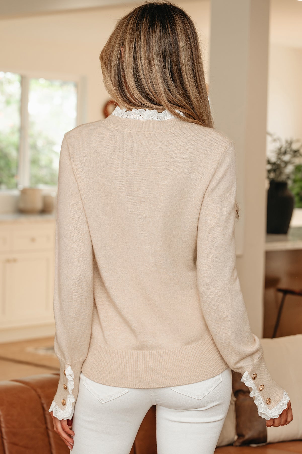 Sleet Lace Trim Patchwork Buttoned Cuffs Loose Sweater
