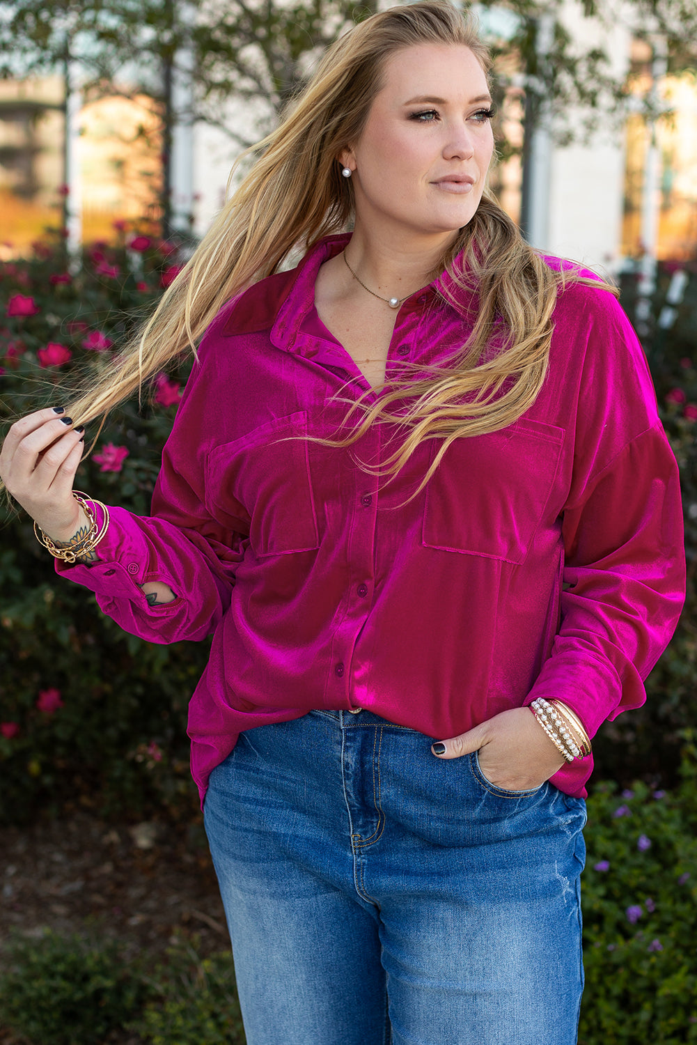 Bright Pink Plus Size Velvet Shirt