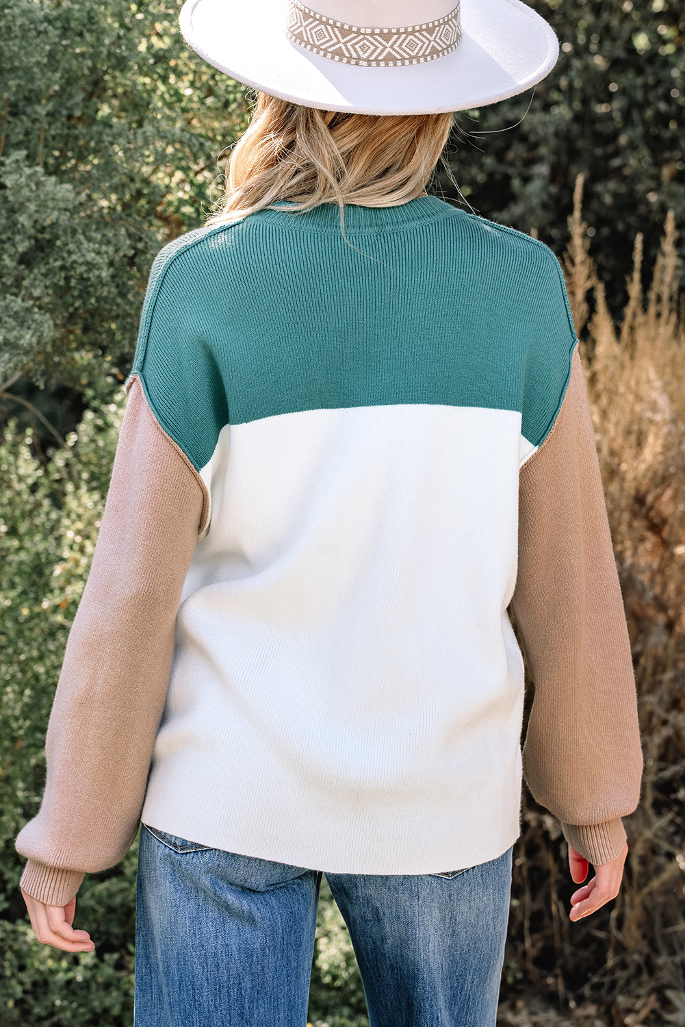 Green Color Block Ribbed Knit Baggy Sweater