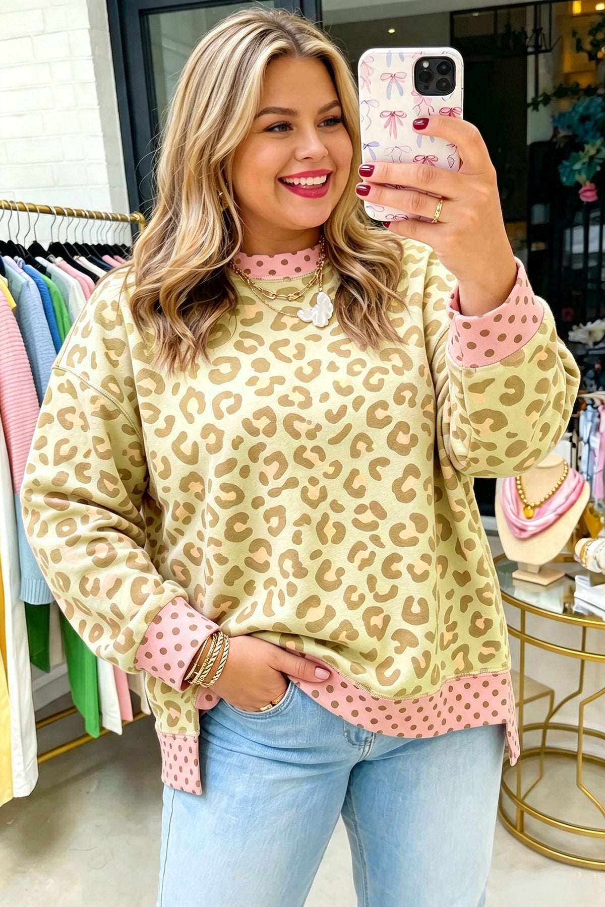 Brown Plus Size Leopard Print Contrast Polka Dot Trim Long Sleeve Top