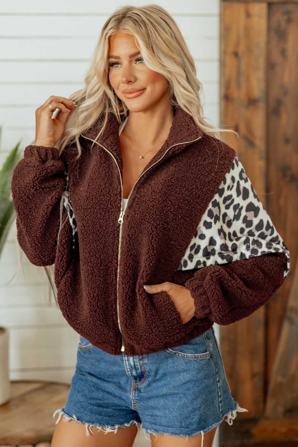 Coffee Leopard Western Style Zip-up Collar Jacket