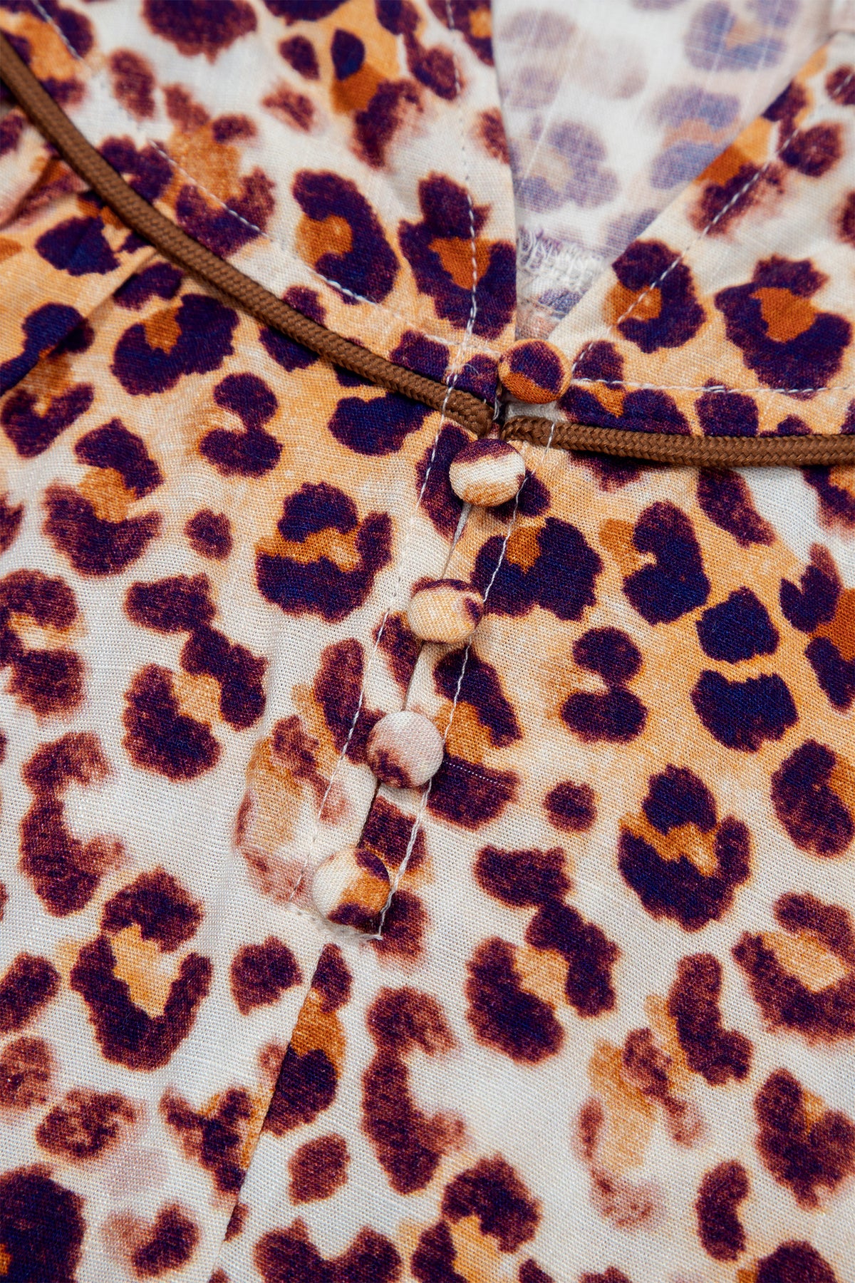 Brown Plus Size Leopard Frilled Stand Neck Blouse