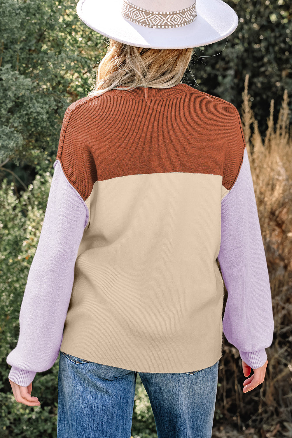 Green Color Block Ribbed Knit Baggy Sweater