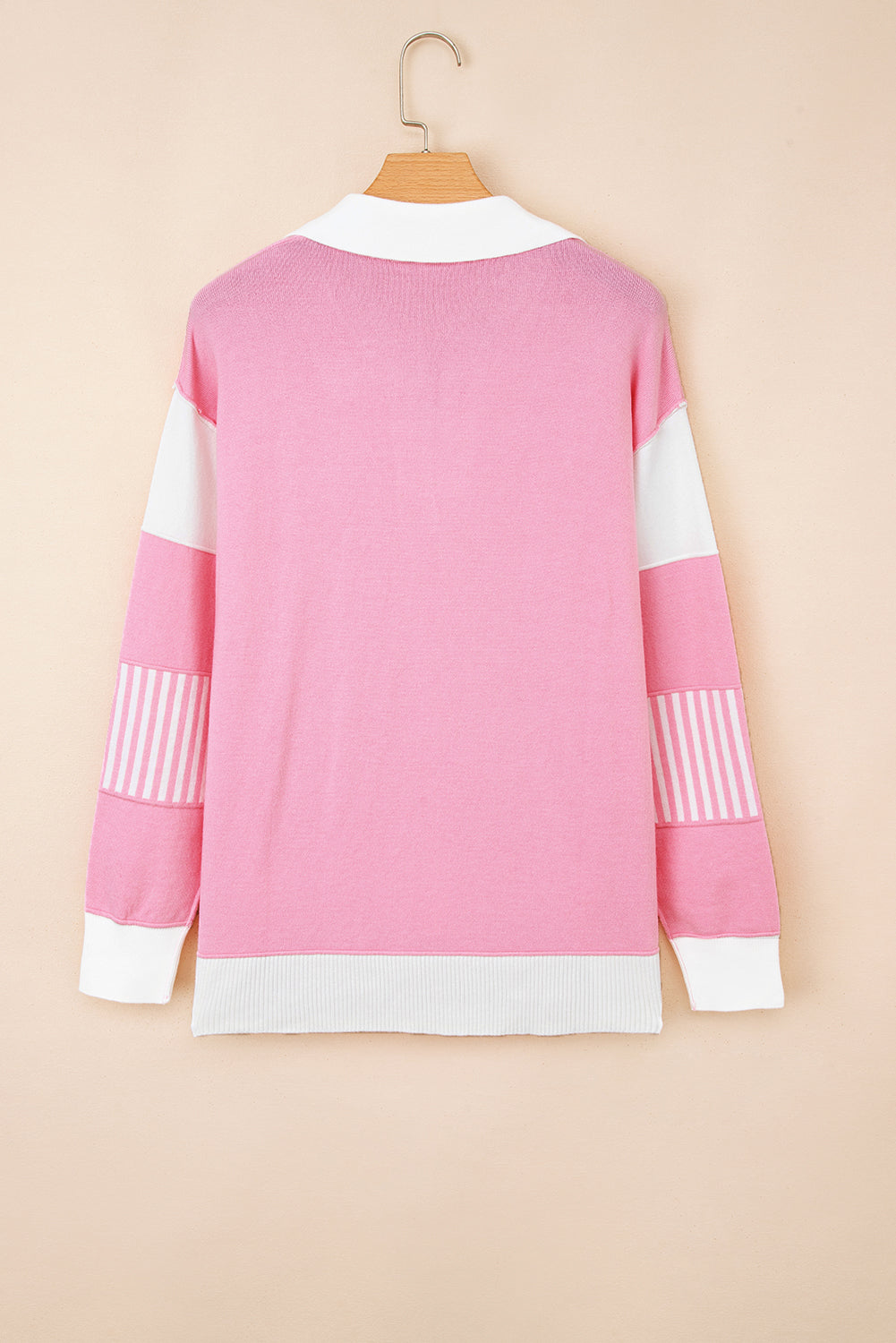 Pink Contrasting Polo Collar Color Block Knit Drop Shoulder Sweater