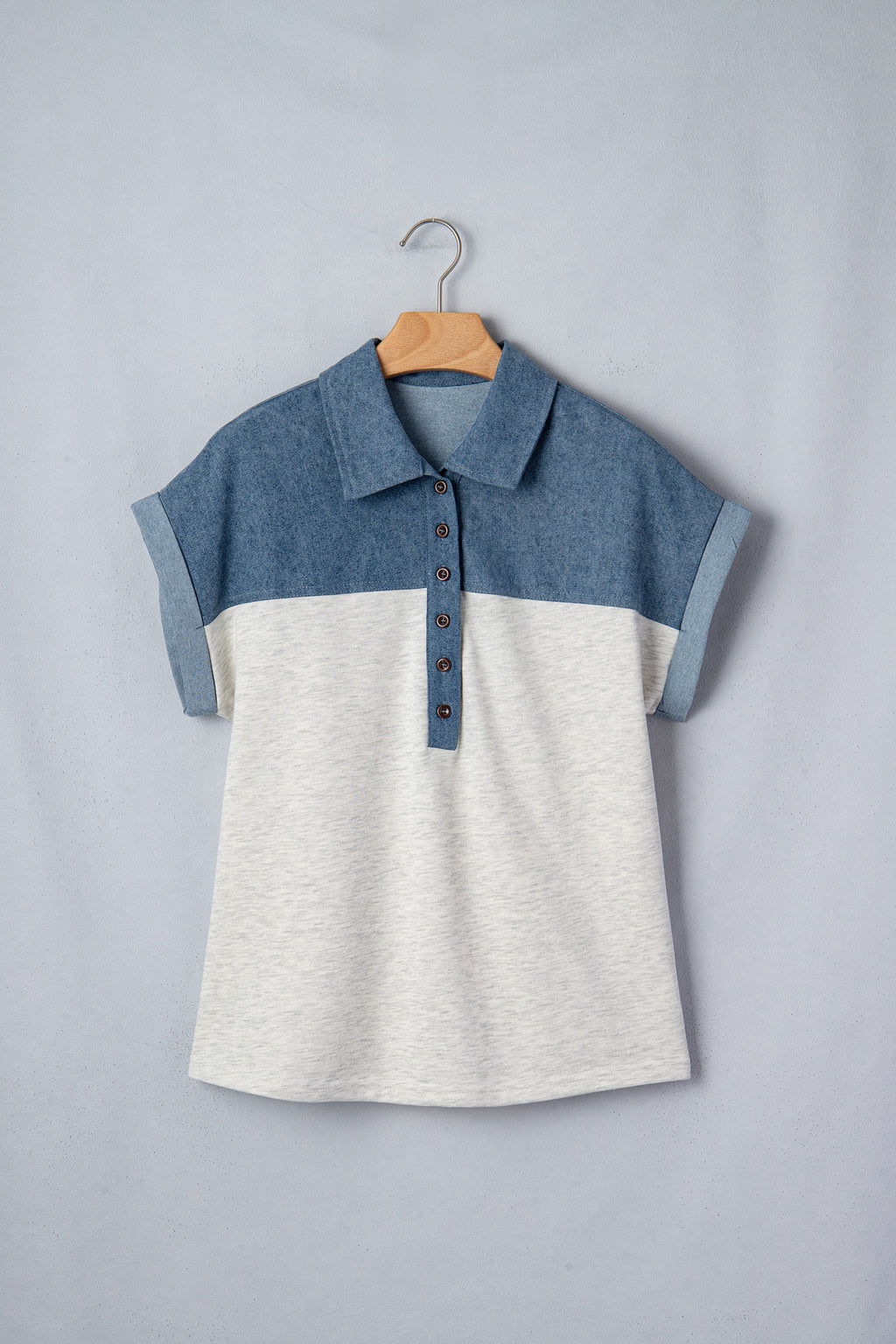 Denim Polo Collar Short Sleeve Top