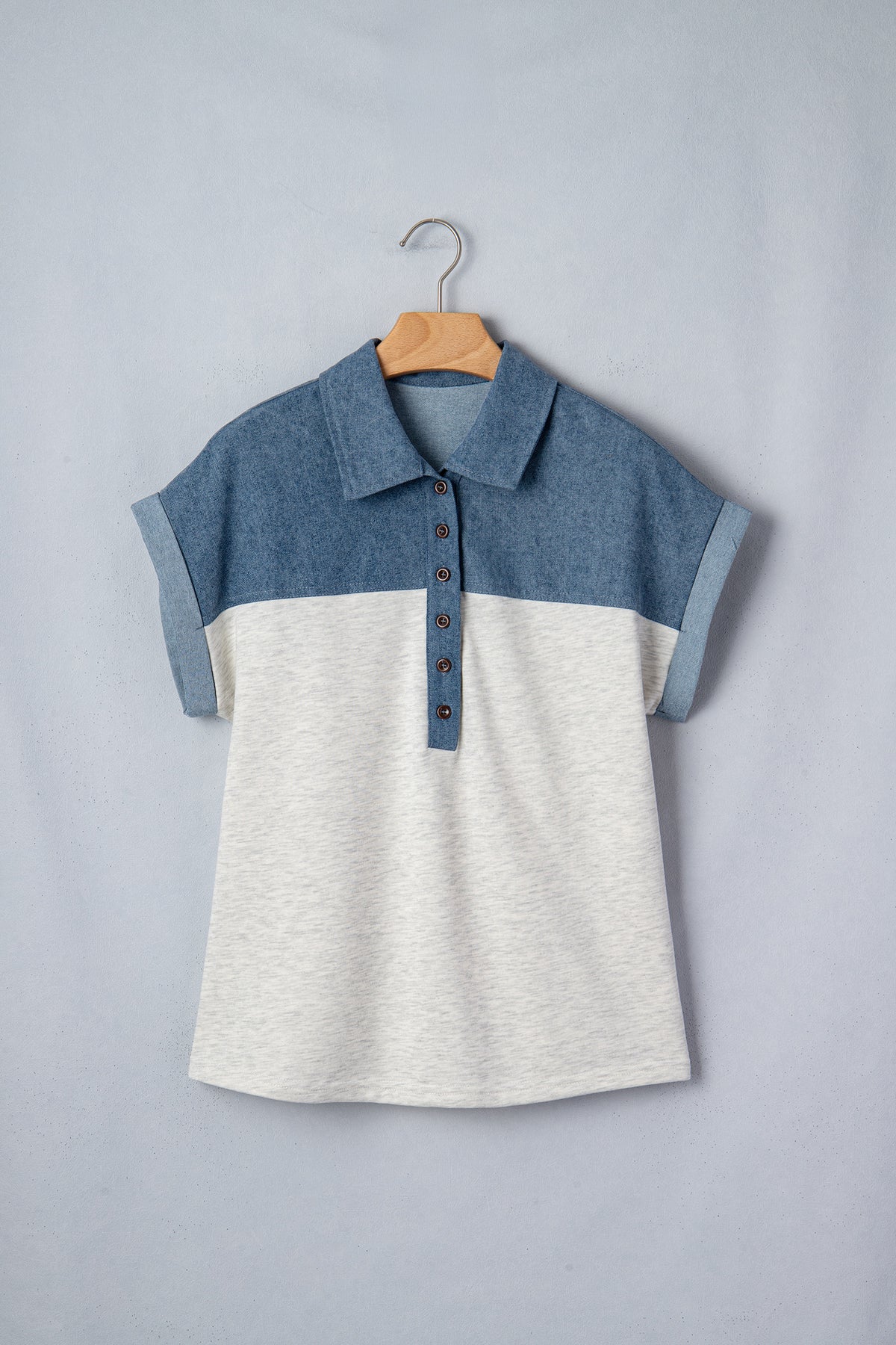 Denim Polo Collar Short Sleeve Top