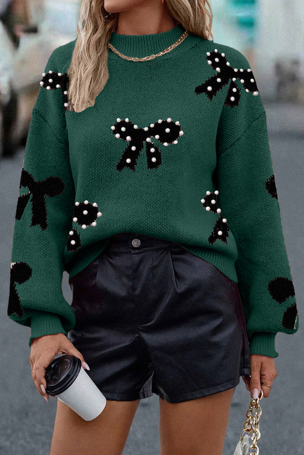 Pink Pearl Embellished Bow Pattern Sweater
