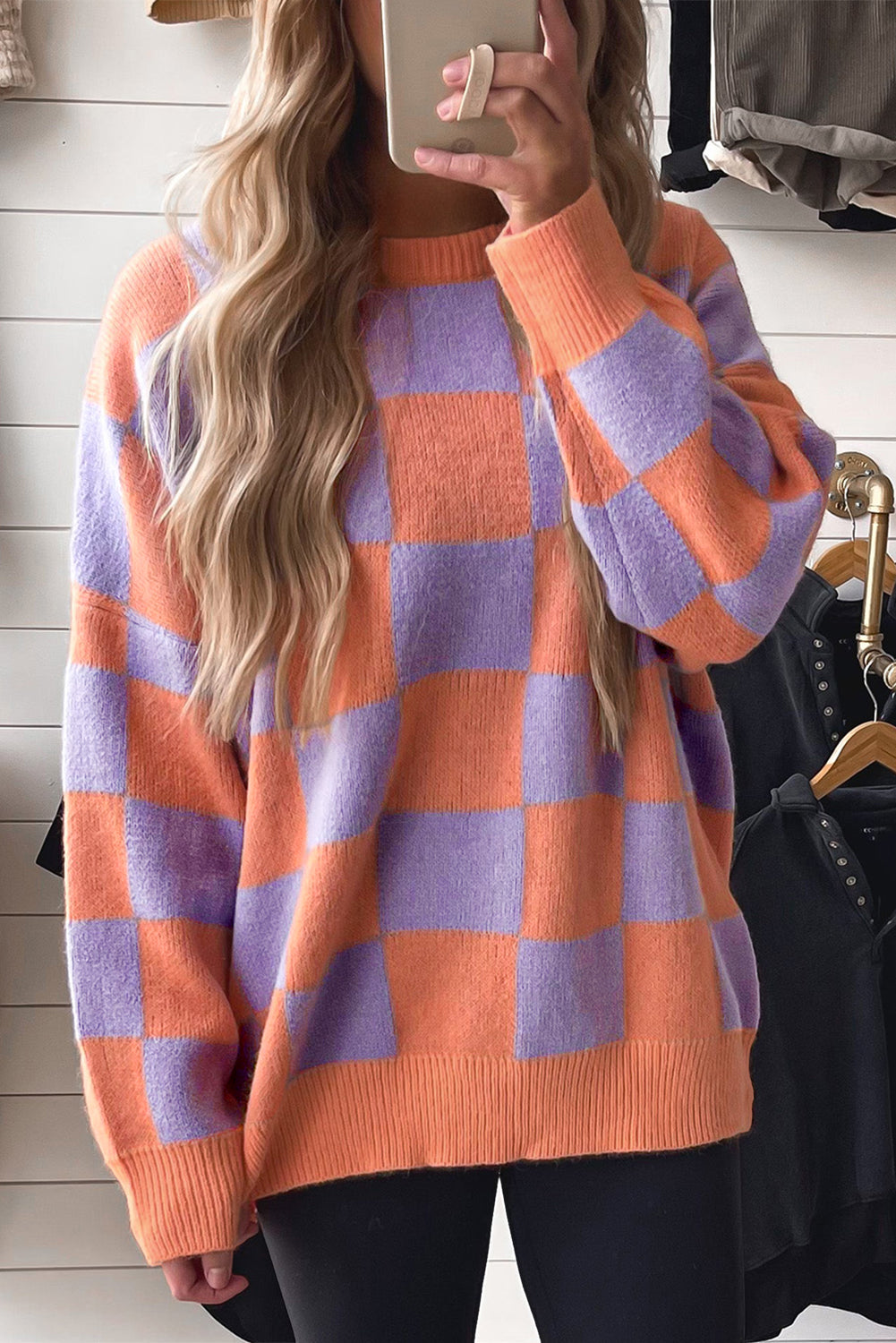 Checkered Pattern Ribbed Trim Knit Baggy Sweater