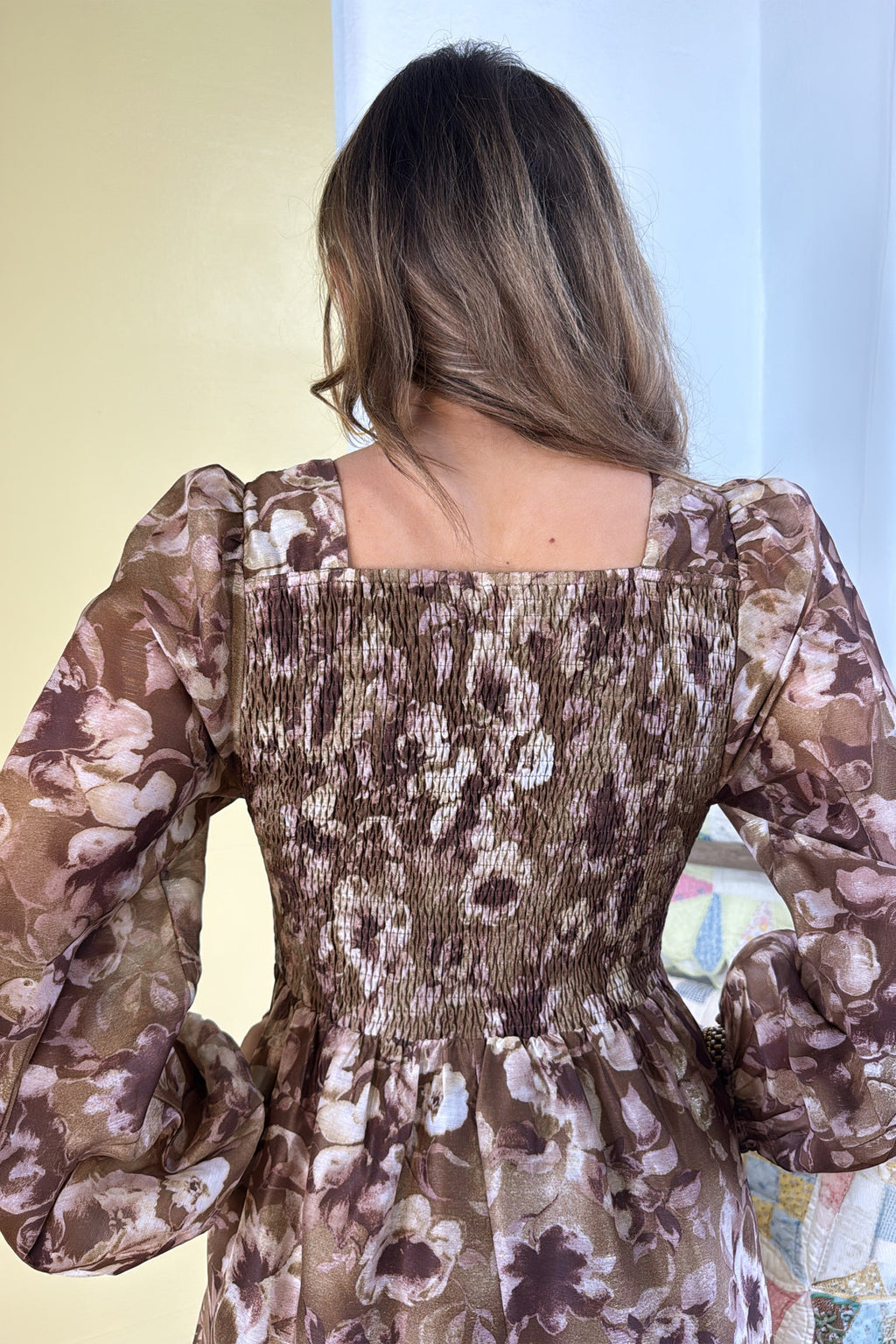 Brown Floral Print Square Neck Dress