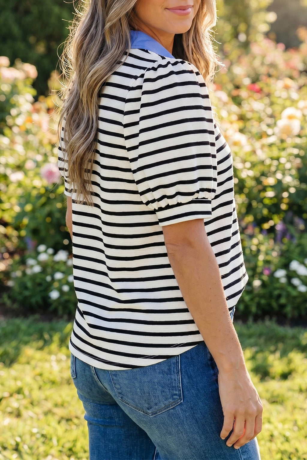 Black Stripe Short Puff Sleeve Blouse