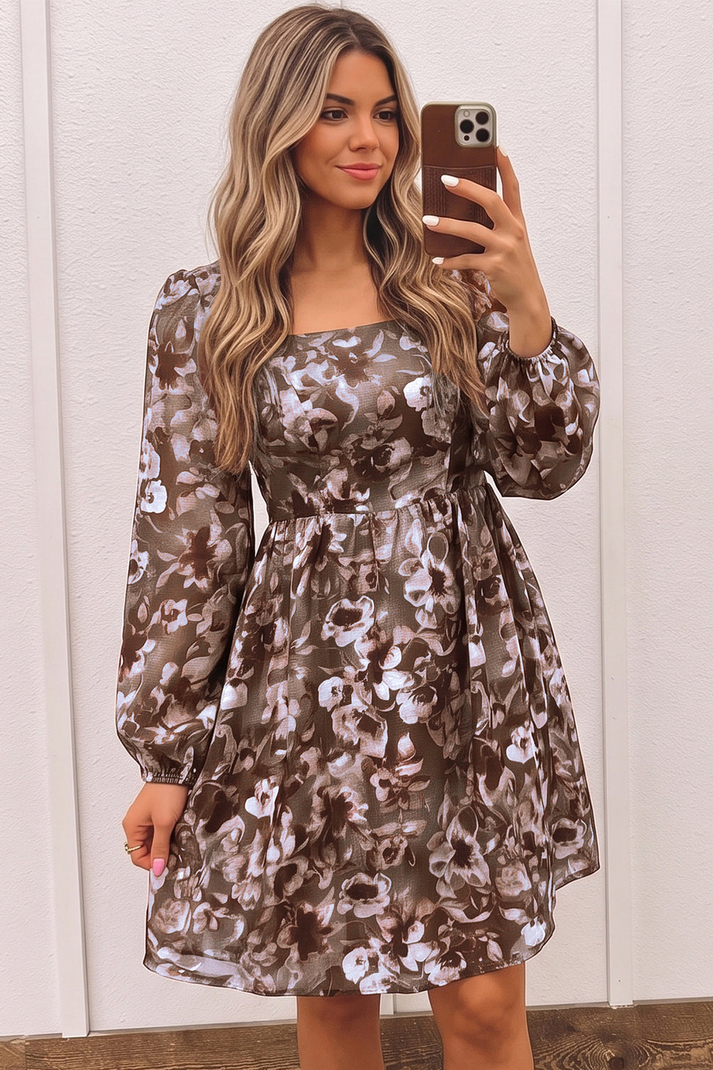 Brown Floral Print Square Neck Dress