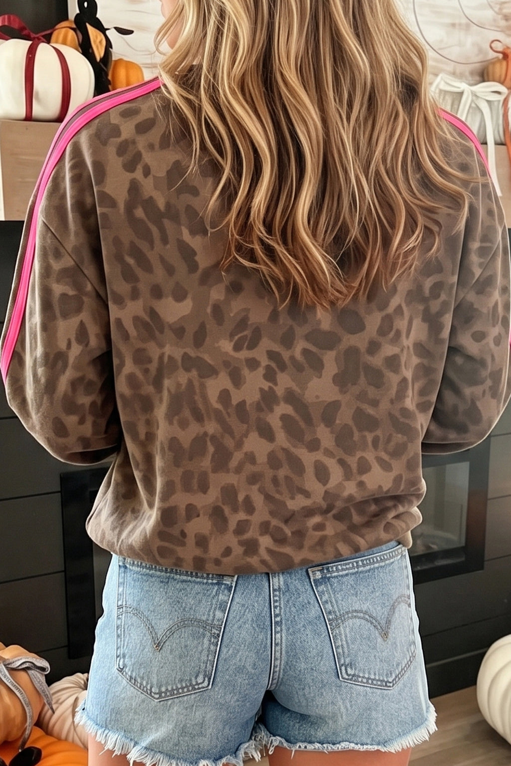 Brown Leopard Print Striped Detail Pullover Sweatshirt
