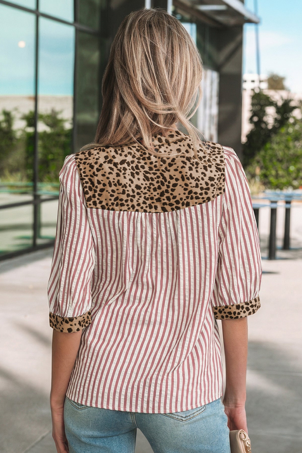 Blue Stripe Leopard Button Down Half Sleeve Shirt