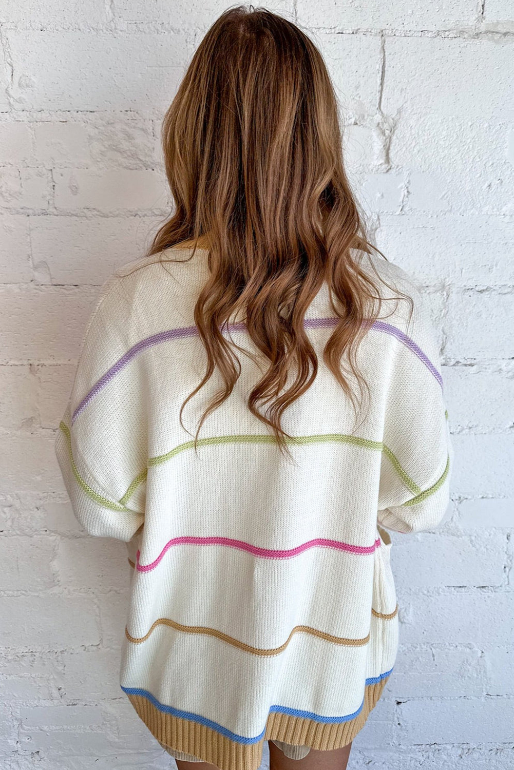White Color Block Striped Open Front Cardigan With Pocket