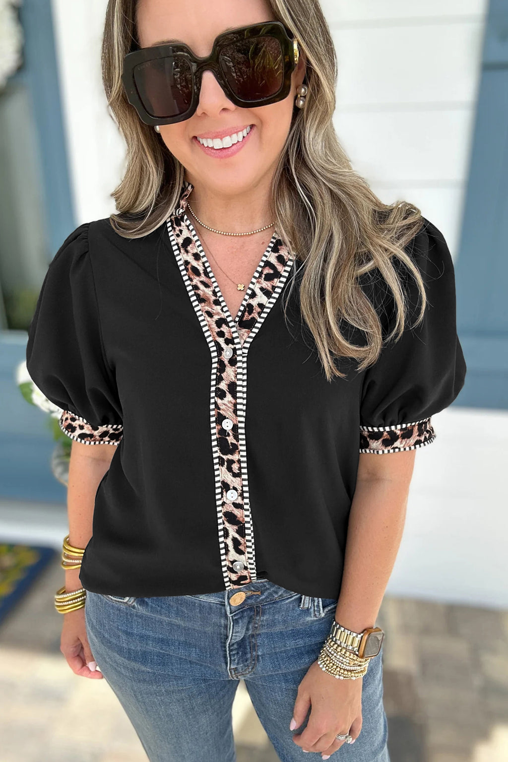 Leopard Trim Button Down Shirt