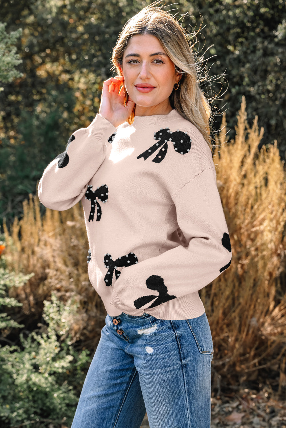 Pink Pearl Embellished Bow Pattern Sweater