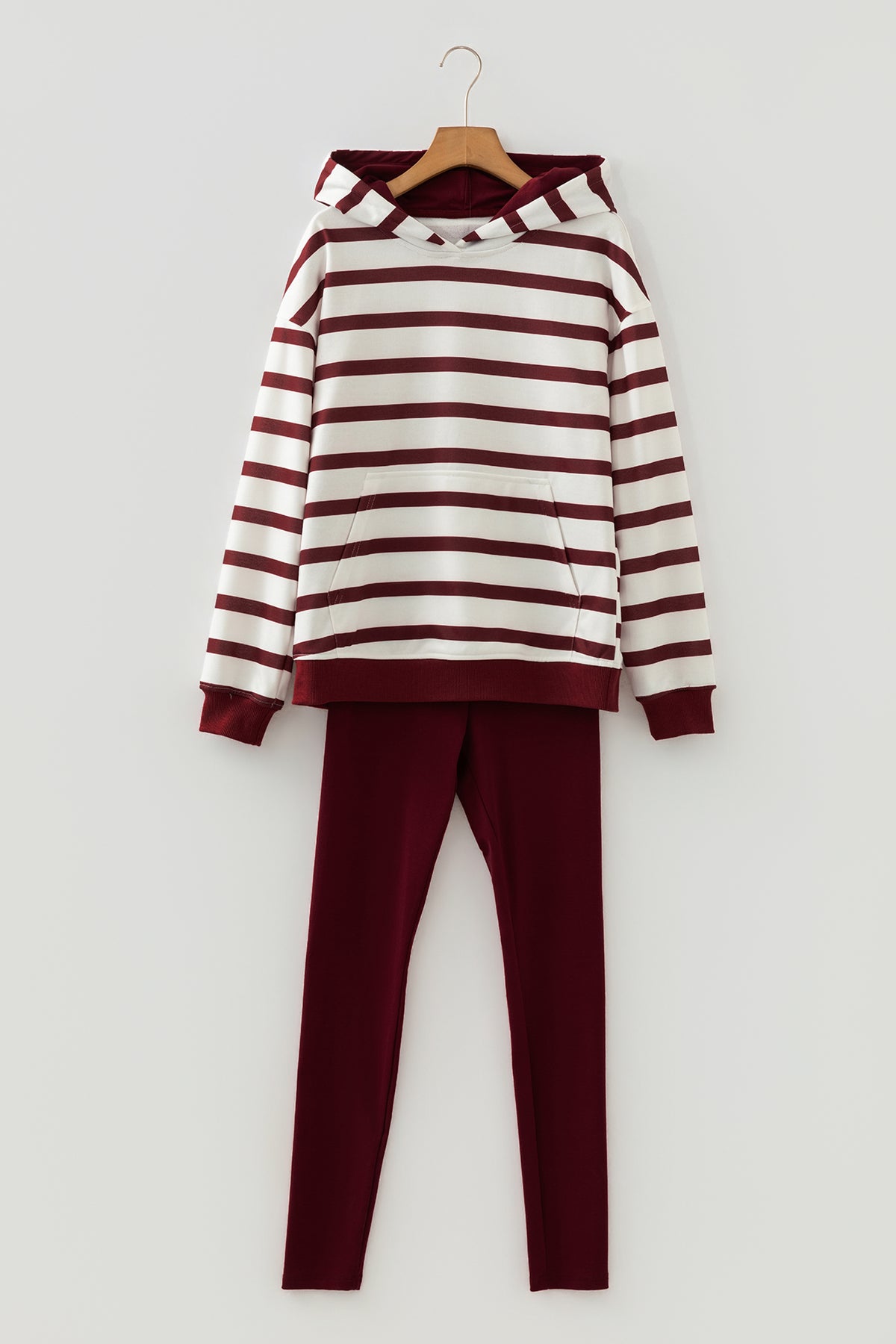 Red Stripe Pullover Hoodie Ribbed Solid Pants 2pcs Set Outfit
