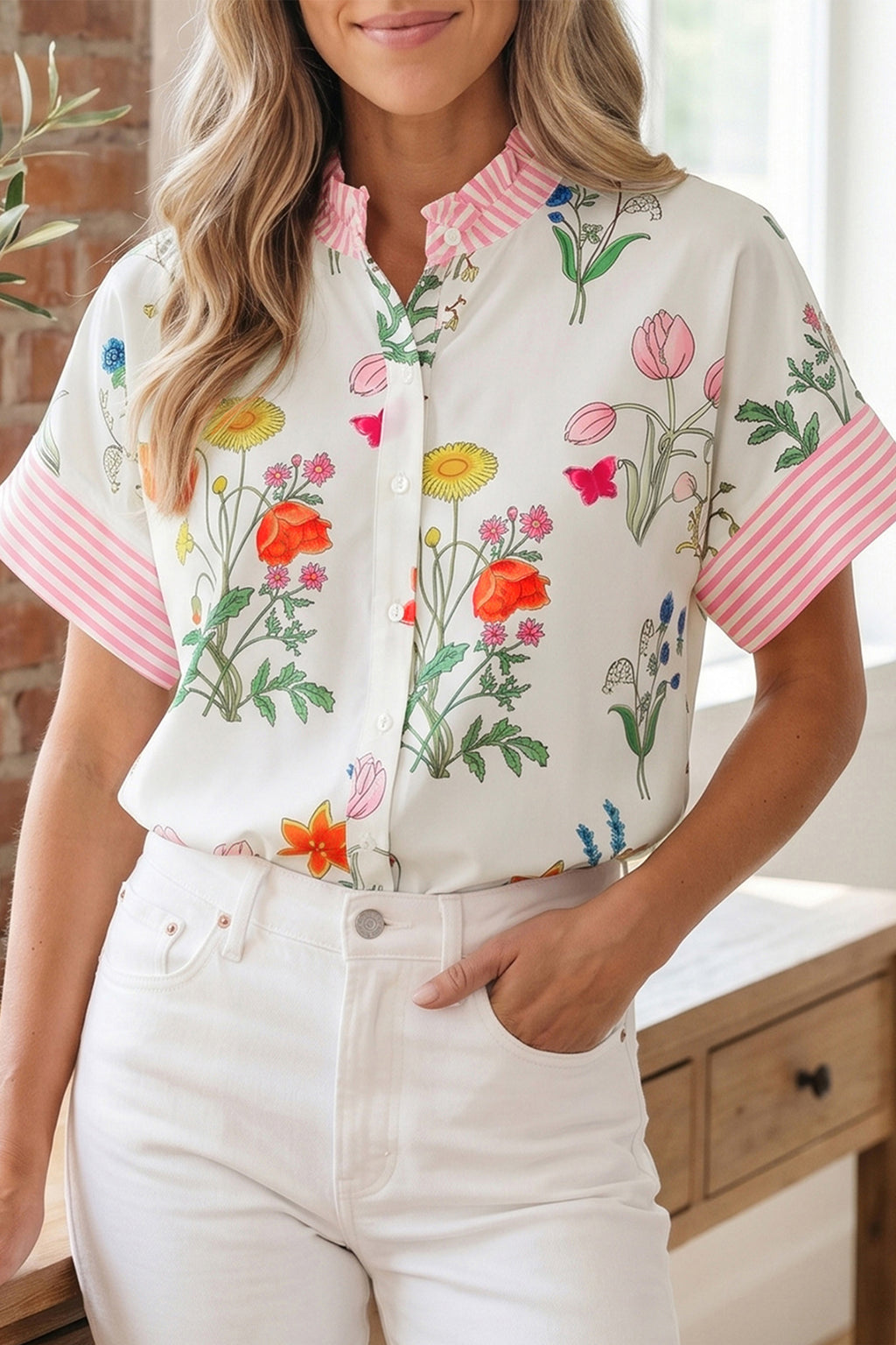 Beige Floral Striped Patchwork Ruffled Collar Shirt