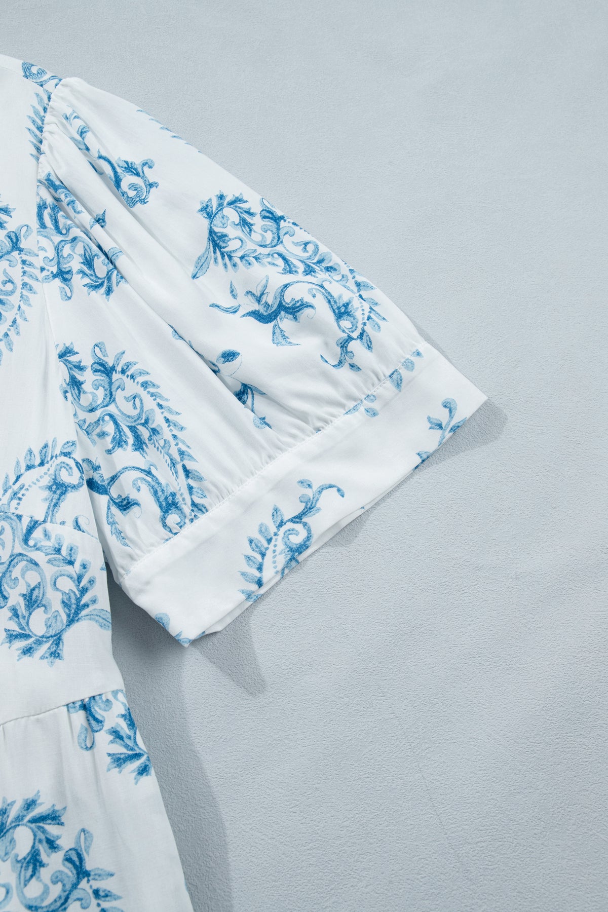 Sky Blue Plus Size Geometric Floral Print Button Split Neck Short Sleeve Maxi Dress