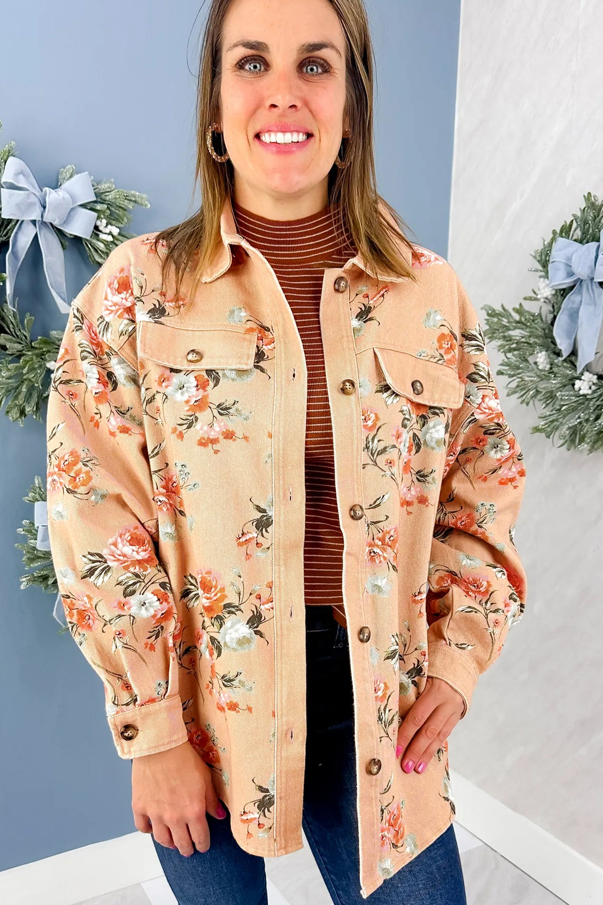 Floral Print Long Sleeve Denim Jacket Tunic Length