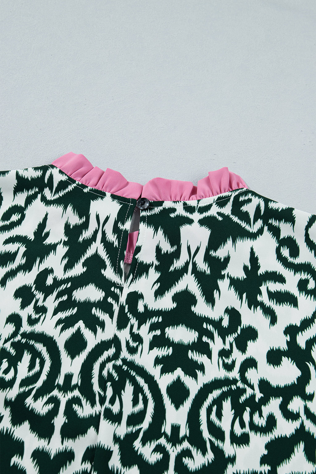Green Damask Print Ruffled Blouse