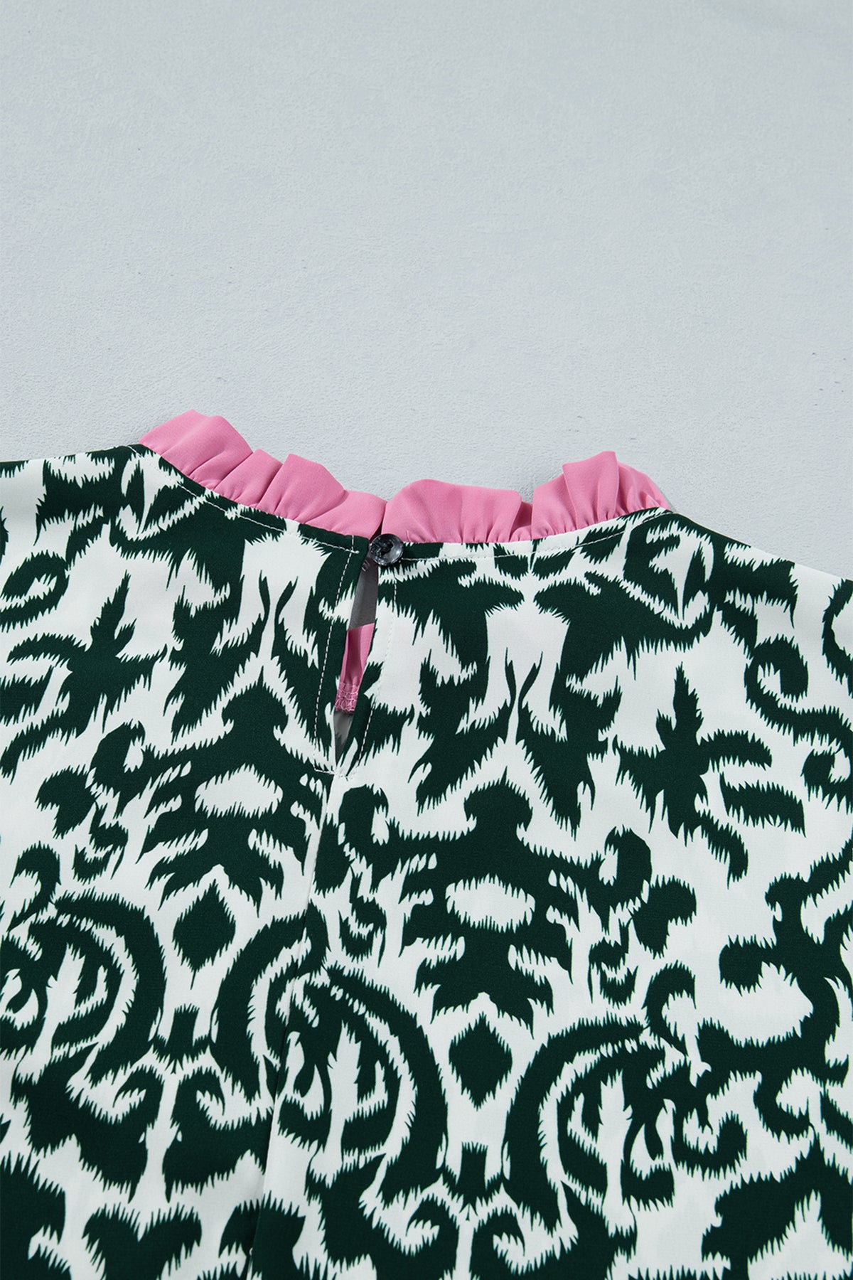 Green Damask Print Ruffled Blouse