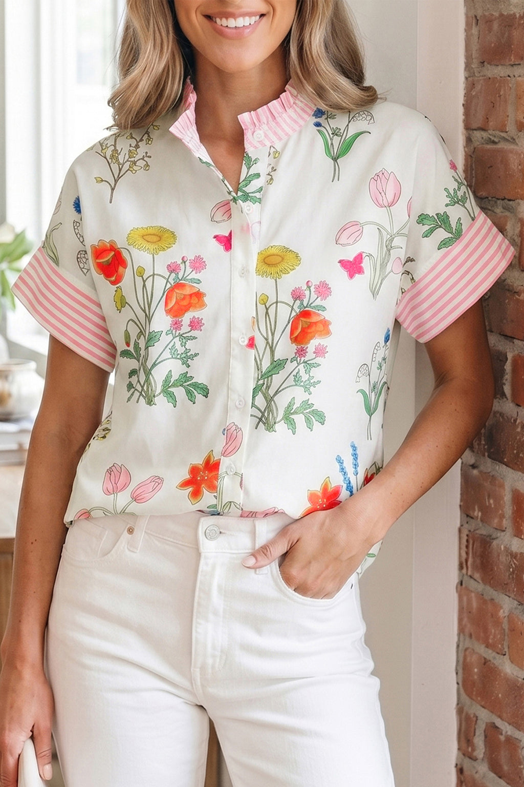Beige Floral Striped Patchwork Ruffled Collar Shirt