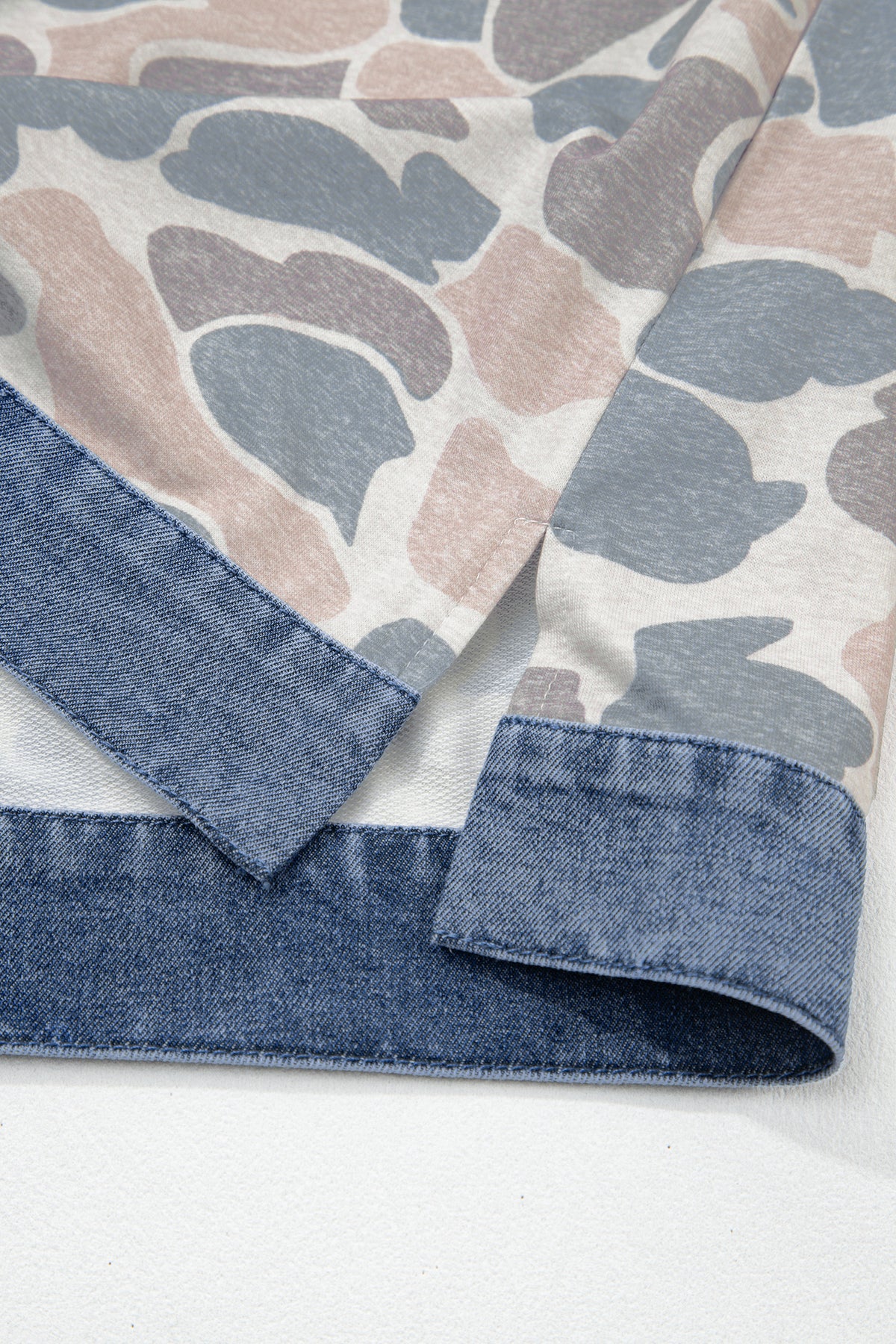 Camouflage Print Denim Patchwork Polo Collar Tee